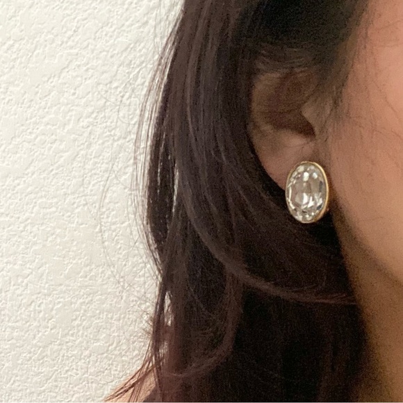 Vintage GIVENCHY New York Goldtone Oval Clear Crystal Rhinestone Clip Earrings - Picture 2 of 16
